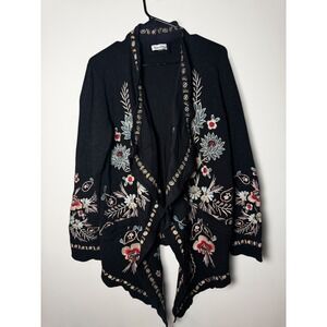 Time for Me Black Floral Embroidered Waterfall Open Front Cardigan Boho Women
